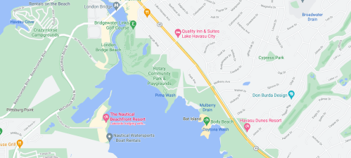 Map showing Lake Havasu City area, including parks, resorts, and nearby roads.