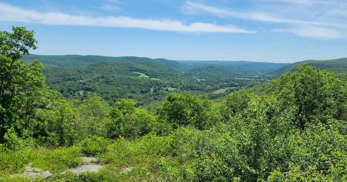 A panoramic view of lush green hills and valleys under a clear blue sky.