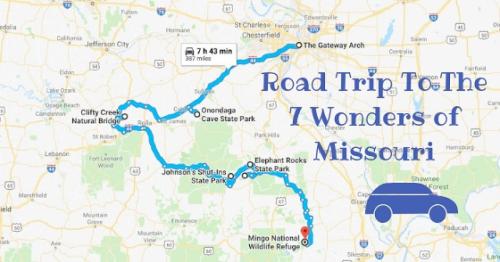 Map showing a road trip route to the 7 Wonders of Missouri, including notable landmarks and parks.