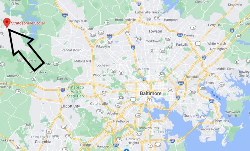 Map showing Baltimore, Maryland, with a marker indicating the location of Stratosphere Social to the northwest.