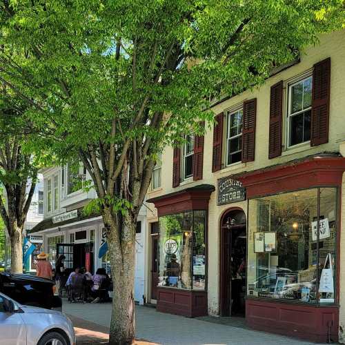 A charming street scene featuring a country store and outdoor seating under leafy trees on a sunny day.
