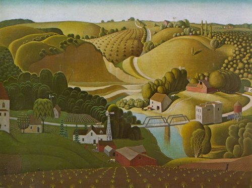 A serene landscape featuring rolling hills, farms, a river, and a bridge, with lush greenery and a clear sky.