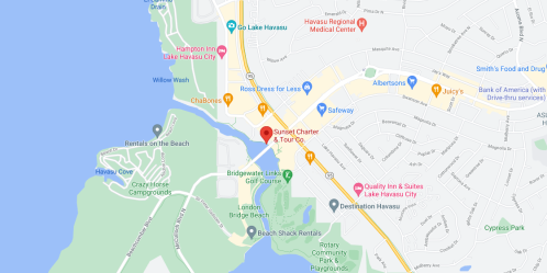 Map showing the location of Sunset Charter & Tour Co. near Lake Havasu City, Arizona, with nearby landmarks and roads.