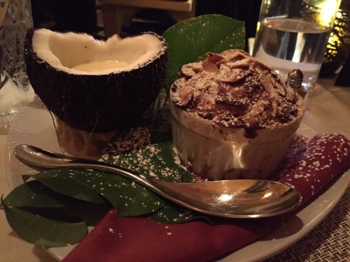 A dessert plate featuring a coconut shell filled with cream and a chocolate mousse topped with powdered sugar and almonds.