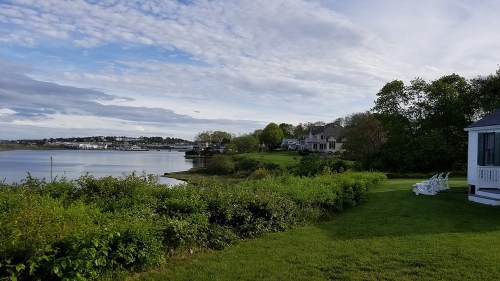 A serene waterfront scene with lush greenery, a calm river, and houses under a partly cloudy sky.