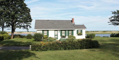A charming white house with green shutters, surrounded by lush grass and flowers, near a calm body of water.