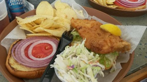 A plate with a fried fish sandwich, lettuce, tomato, onion, coleslaw, and potato chips, with a lemon wedge on top.