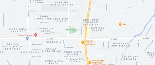 Map showing streets and landmarks in Tucson, Arizona, including Tohono Chul and various residential areas.