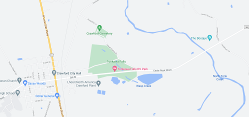 Map showing Tonkawa Falls RV Park, nearby roads, and landmarks in Crawford, Texas.