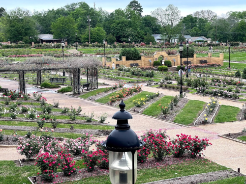 A scenic garden with neatly arranged flower beds, pathways, and a decorative lamp in the foreground.