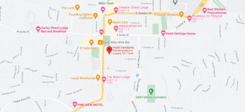 Map showing downtown area with streets, landmarks, and hotels including Hotel Vendome and Hotel Heritage House.
