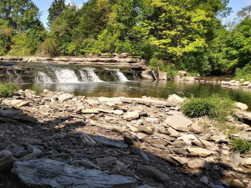 A serene river scene with a small waterfall, surrounded by lush greenery and rocky terrain.
