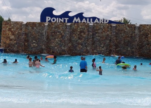 A crowded water park scene with people swimming and playing in a wave pool, featuring a stone wall and "Point Mallard" sign.