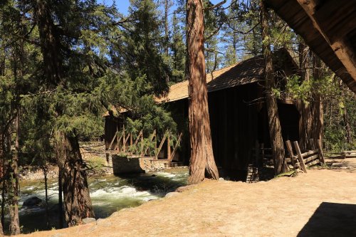A wooden covered bridge surrounded by tall trees, spanning a flowing river in a serene natural setting.