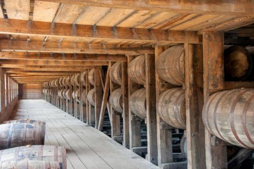 A wooden storage room filled with stacked barrels, showcasing rustic architecture and a warm, inviting atmosphere.