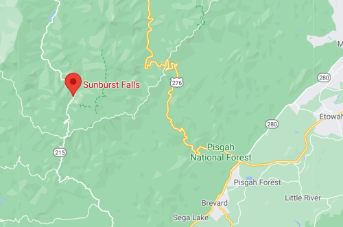 Map showing Sunburst Falls location in Pisgah National Forest, North Carolina, with nearby roads and landmarks.