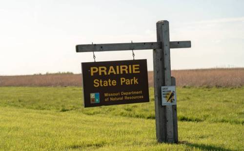 Sign for Prairie State Park, Missouri Department of Natural Resources, with a grassy field in the background.