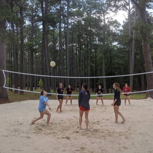 A group of people playing beach volleyball in a forested area, with a sandy court and tall trees in the background.