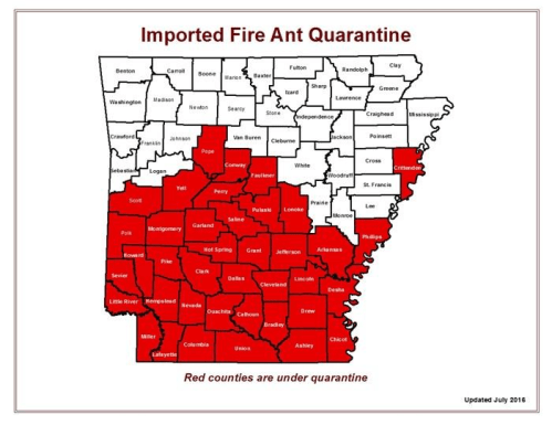 Map of Arkansas showing counties under Imported Fire Ant quarantine, highlighted in red.