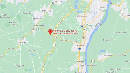 Map showing the location of Adventure Valley Zipline Tours and Paintball Park in Otto, Missouri.