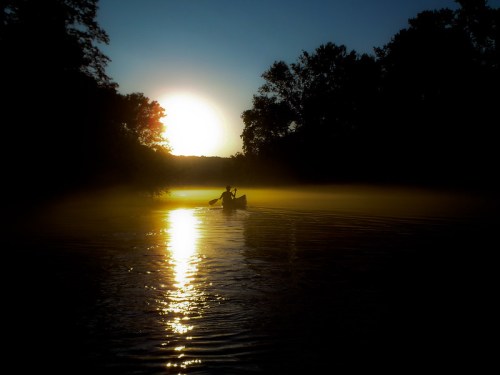 A silhouette of a person kayaking on a calm river at sunset, with golden reflections on the water.