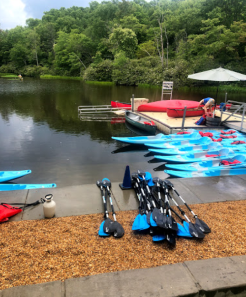 A serene lakeside scene with kayaks, paddles, and a dock surrounded by lush greenery.