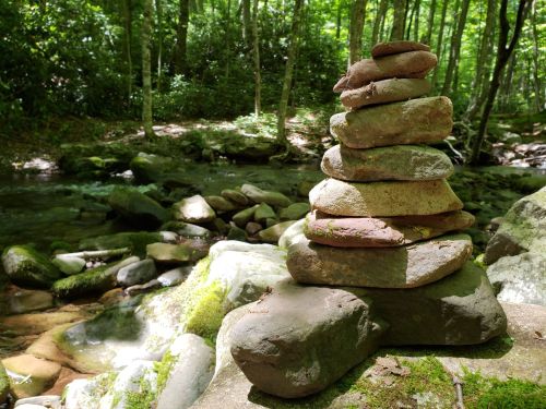 A stack of smooth stones balanced on a rock near a stream, surrounded by lush green trees in a serene forest setting.