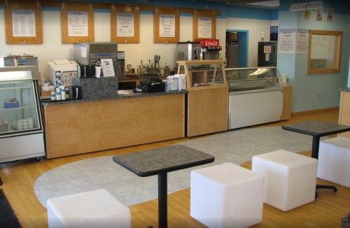 A cozy café interior featuring a service counter, display case, and white cube seating.