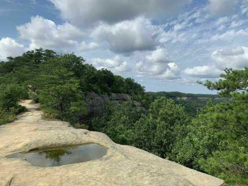 A rocky trail leads to a scenic overlook with lush greenery and a cloudy sky in the background.