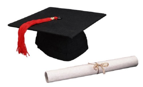 A black graduation cap with a red tassel next to a rolled diploma tied with a ribbon.