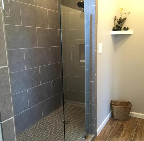 Modern bathroom featuring a glass shower, gray tiled walls, and a small shelf with a plant.