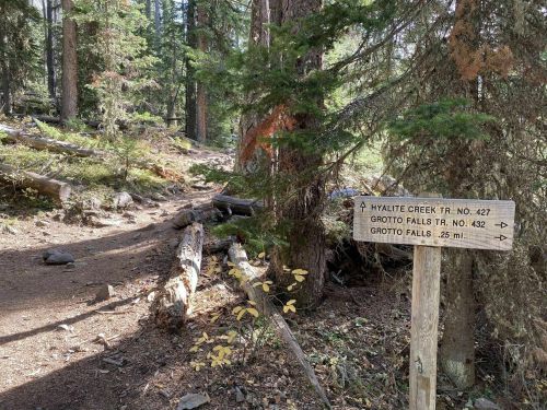 A forest trail signpost indicating directions to Hyalite Creek Trail and Grotto Falls, surrounded by trees and foliage.