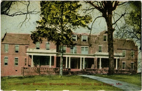 Historic image of the Girls' Dormitory at Mississippi Industrial College, Holly Springs, Mississippi, surrounded by trees.