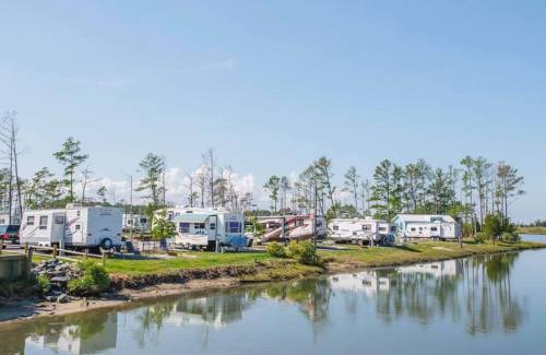 A row of RVs parked by a calm lake, surrounded by trees under a clear blue sky.