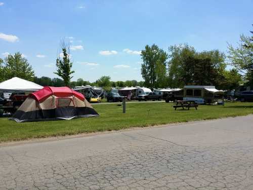 A campsite with tents and RVs under a clear blue sky, surrounded by green trees and a grassy area.