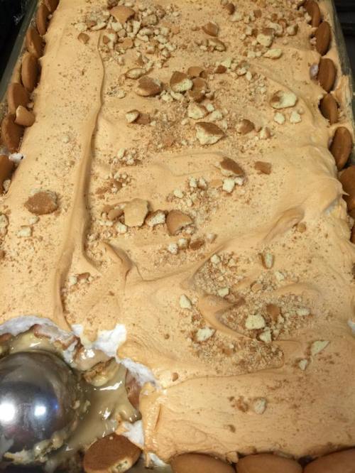 A creamy dessert topped with crushed cookies and a smooth layer, with a scoop taken out from one corner.