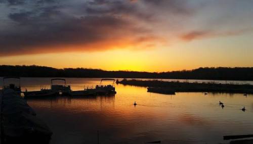 Sunset over a calm lake with silhouettes of boats and ducks, reflecting warm colors in the water.