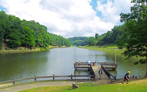 A serene lake surrounded by lush greenery, with a wooden dock and people enjoying the view on a cloudy day.