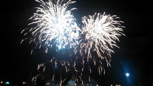 Colorful fireworks burst in the night sky, illuminating the darkness with bright sparks and trails.