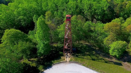 Aerial view of a red observation tower surrounded by lush green trees in a forested area.