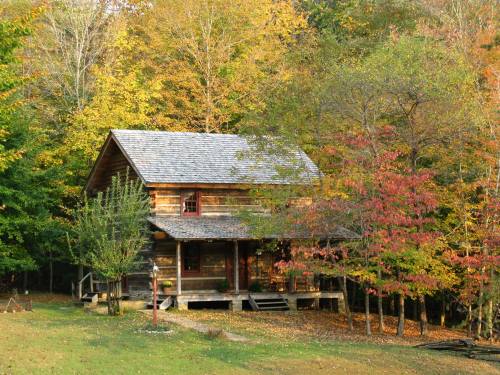 A rustic wooden cabin surrounded by colorful autumn trees and a grassy area.