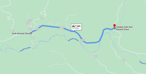 Map showing a route from Oak General Store to Catalpa Café and General Store, 3.3 miles, 7 minutes drive.