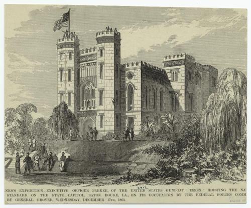 Illustration of the U.S. gunboat "Essex" at the Baton Rouge State Capitol, December 17, 1862, with people and trees nearby.