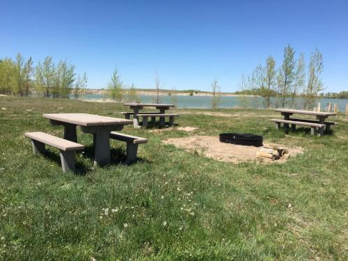 A grassy area with picnic tables and a fire pit near a calm lake under a clear blue sky.