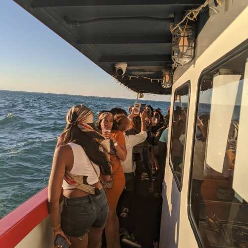 A group of people enjoying a boat ride, leaning over the railing with water and a clear sky in the background.