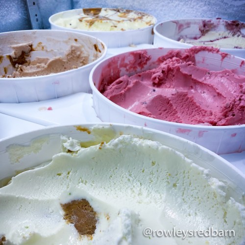 A variety of ice cream flavors in round containers, including white, brown, and pink shades.