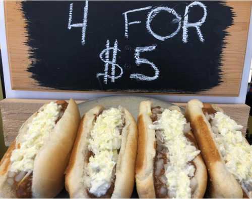 Four hot dogs with toppings displayed in front of a chalkboard sign reading "4 FOR $5."