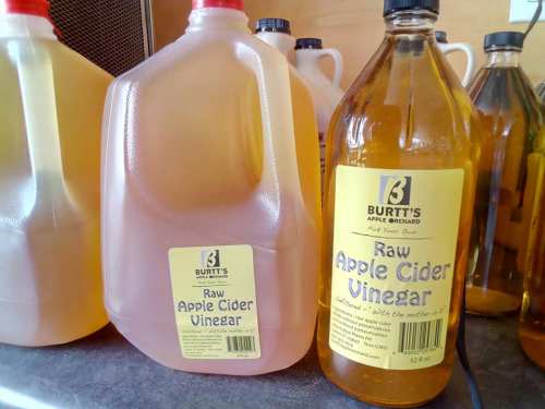 Two bottles of raw apple cider vinegar with yellow labels, one larger and one smaller, on a countertop.