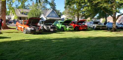 A lineup of classic cars with hoods open, parked on a grassy area under trees at a car show.