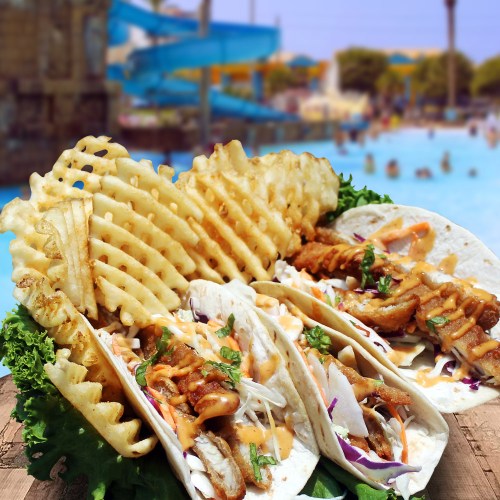 A plate of tacos with grilled chicken, topped with lettuce and sauce, served alongside crispy waffle fries.